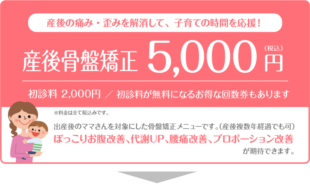 産後骨盤矯正5000円 初診料2000円(初診料が無料になるお得な回数券もあります)